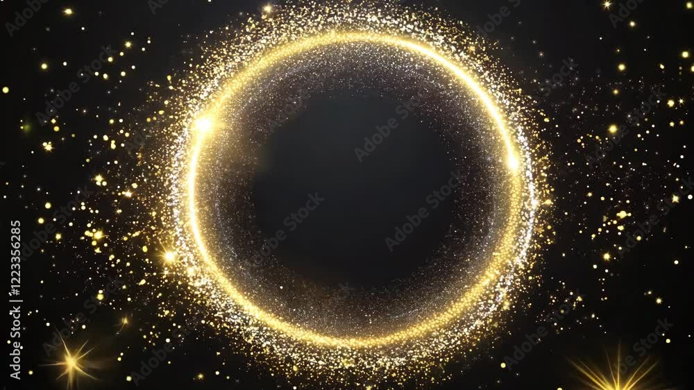 Poster golden sparks swirl gracefully to form a captivating circle frame against a dark backdrop, creating 