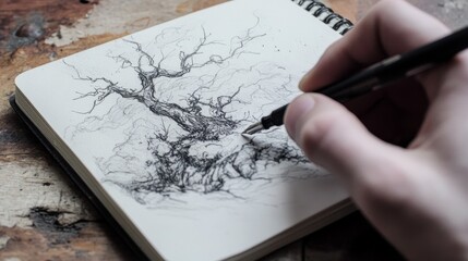 A hand meticulously sketches a detailed tree in a spiral-bound notebook, showcasing artistic creativity and precision drawing skills.