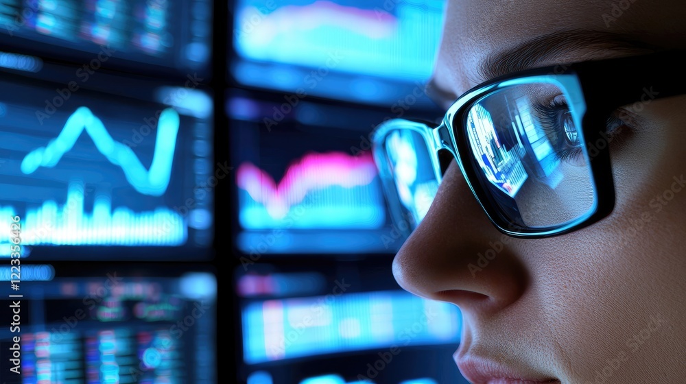 Poster A professional in glasses demonstrates intense focus while analyzing data on multiple screens, showcasing the essence of modern business analytics and technology-driven e