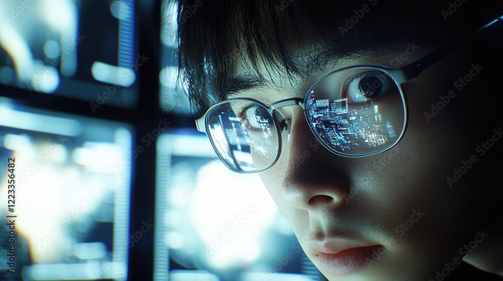 Poster A professional in glasses demonstrates intense focus while analyzing data on multiple screens, showcasing the essence of modern business analytics and technology-driven e