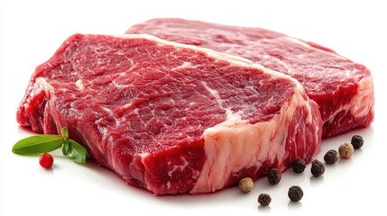 Fresh Raw Beef Steaks with Marbling and Seasoning on White Background