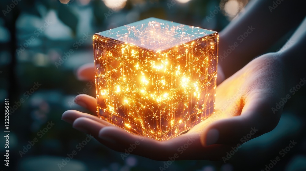 Aufkleber A pair of hands gently cradles a glowing cube filled with intricate light patterns, creating a captivating visual that signifies innovation and modern art in a tranquil s