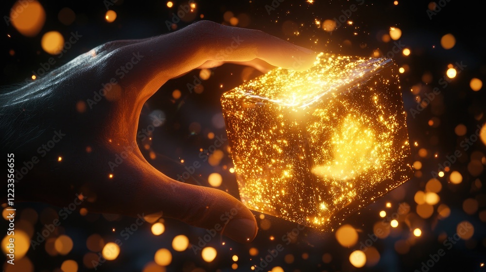 Leinwandbilder A close-up view of a glowing golden cube being touched by a hand, surrounded by energetic particles and vibrant bokeh lights in a digital environment.