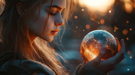 Naklejka premium A young woman gracefully holds an illuminated globe, representing global connection and inspiration, surrounded by an artistic atmosphere with soft, vibrant lighting.