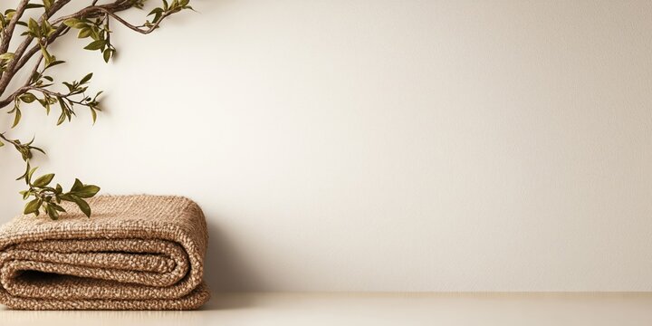 A minimalistic composition featuring a folded prayer rug placed on a beige surface with an olive branch gracefully arching above, evoking tranquility and spirituality