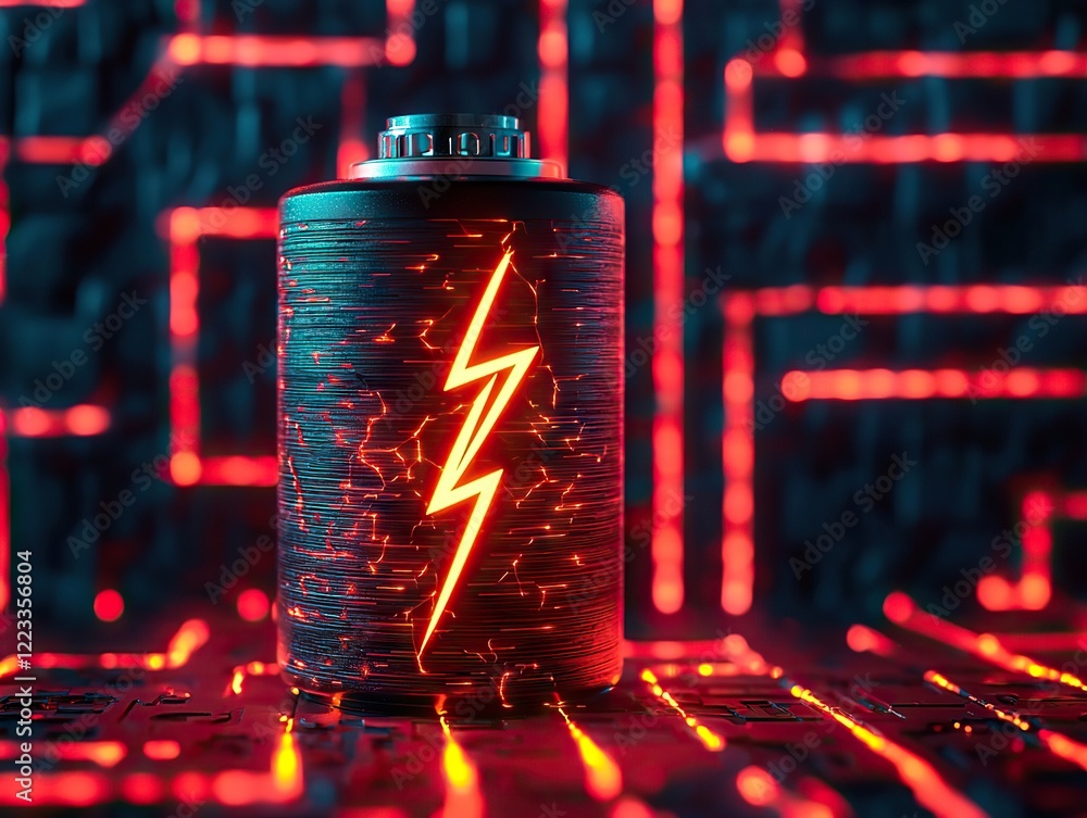 Poster dynamic electric battery with lightning symbol futuristic lab digital art high-tech environment