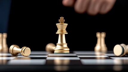 A gold chess piece stands tall over a fallen silver king, illustrating victory and strategic thinking on a black background