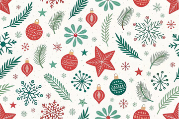 Festive Christmas seamless pattern with ornaments, snowflakes, stars, and pine branches on a white background.