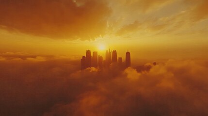 Amidst the towering skyscrapers of Doha's commercial district, a stunning sunset timelapse unfolds. From a bird's-eye view, the city's silhouette pierces through a misty fog