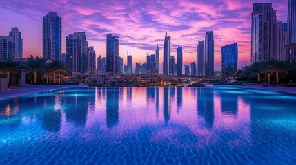 Fototapeta premium Behold the captivating Dubai skyline, a symphony of colors painted across the canvas of a pastel sunset