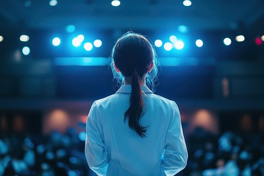 Back view of female doctor attending a medical conference on new medical innovations