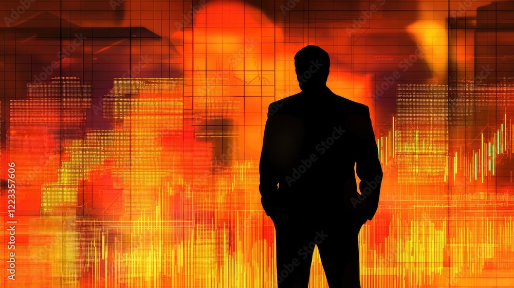 Leinwandbilder a silhouette of a businessman stands before vibrant screens displaying data metrics and glowing char