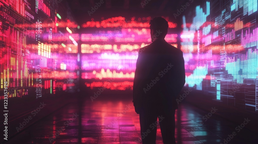 Leinwandbilder a silhouette of a businessman stands before vibrant screens displaying data metrics and glowing char