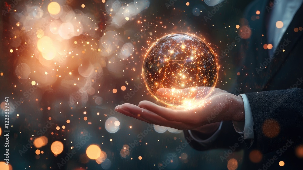 Leinwandbilder A captivating image of a man in a suit extending his hand to hold a glowing sphere filled with energy. The background features beautiful bokeh effects and sparkling parti
