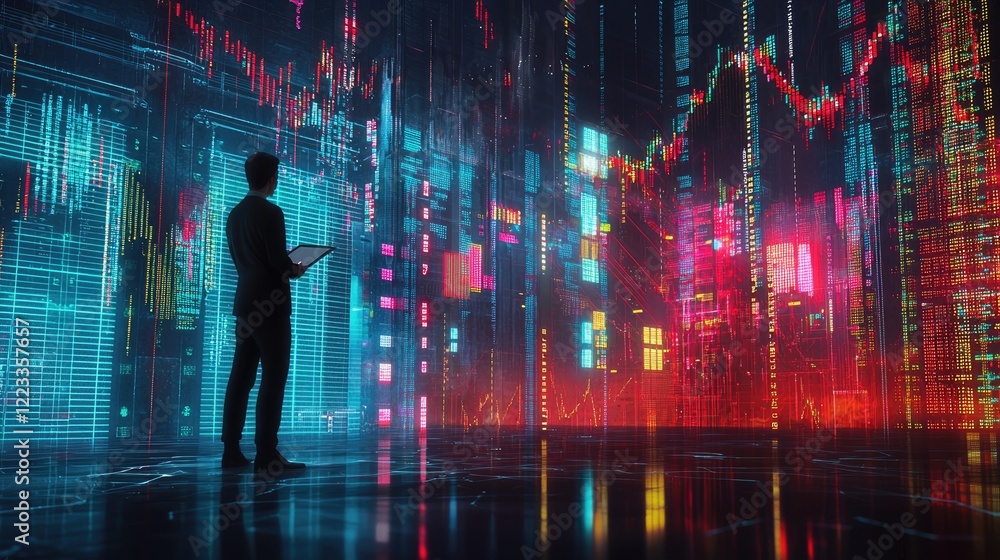 Aufkleber A businessman stands confidently analyzing financial data on a tablet while surrounded by vibrant stock market charts in a modern digital office setting, illustrating the