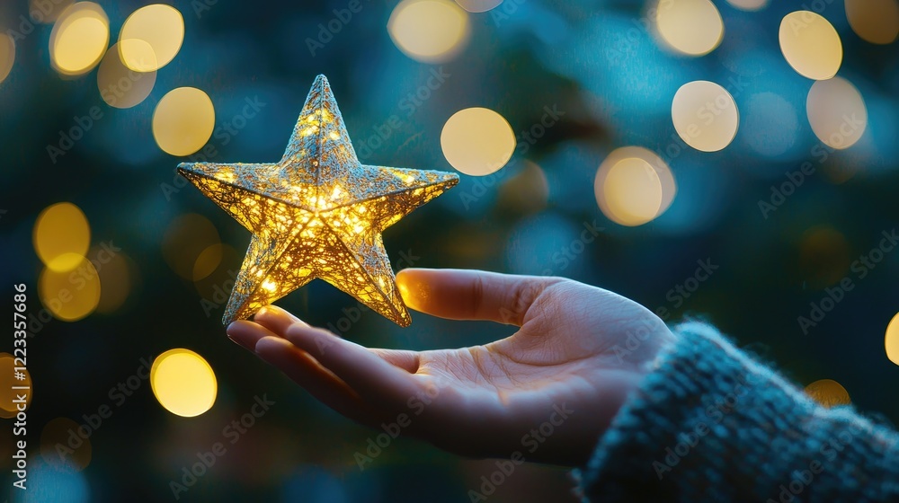 Poster A graceful hand reaches towards a radiant star, set against a captivating bokeh background. Soft blue and yellow lights create a tranquil and dreamy atmosphere, evoking f