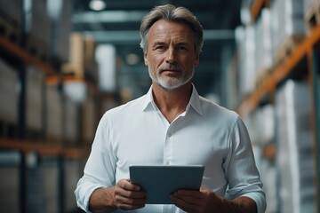 Portrait of middle aged man with tablet pc and checking goods and supplies in warehouse