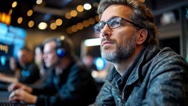 A focused trader analyzing multiple financial data screens on the bustling trading floor.