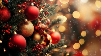 Christmas tree with red and gold ornaments and festive lights