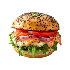 Smoked Salmon Cream Cheese Burger Isolated on Transparent Background