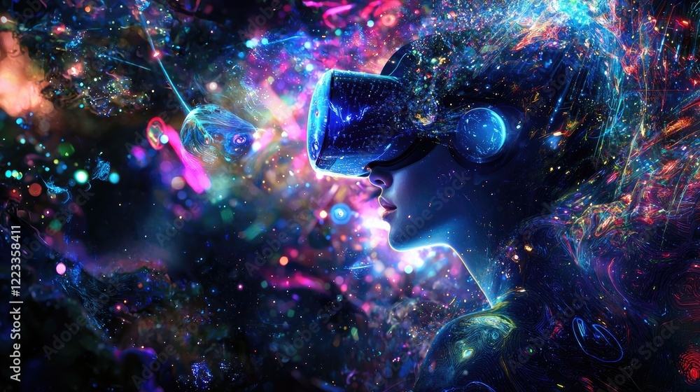 Aufkleber a captivating image of a futuristic individual immersed in a virtual reality headset, surrounded by 
