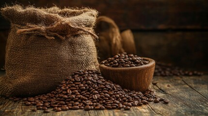 Obraz premium Sacks of coffee beans on a rustic wooden surface