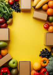 Fresh Fruits and Vegetables Arranged Around Cardboard Boxes on Yellow Background