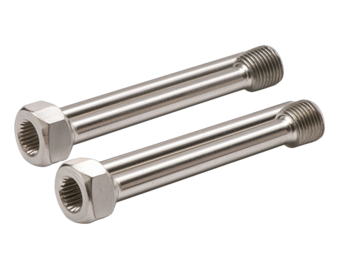 Close-Up of Two Stainless Steel Bolts with Hexagonal Head and Threaded Shaft on White Background