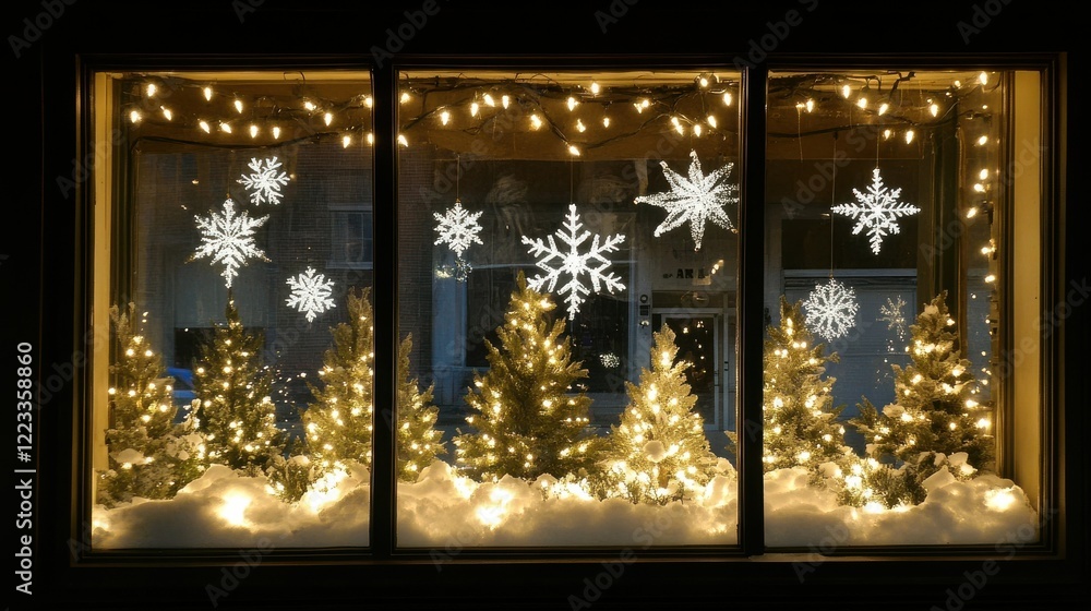 Poster holiday window display with snowflake decorations and illuminated trees