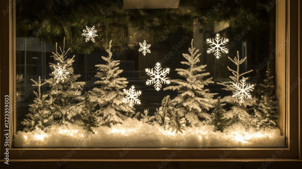 Poster illuminated snowflake and pine winter display in window with soft glowing lights