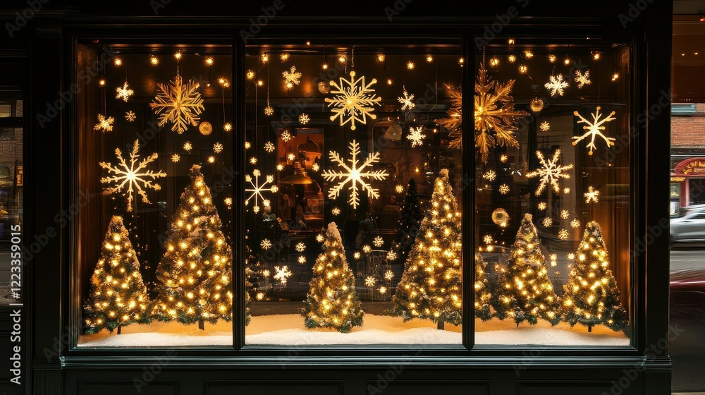 Poster festively lit window display with sparkling christmas trees and snowflake decorations
