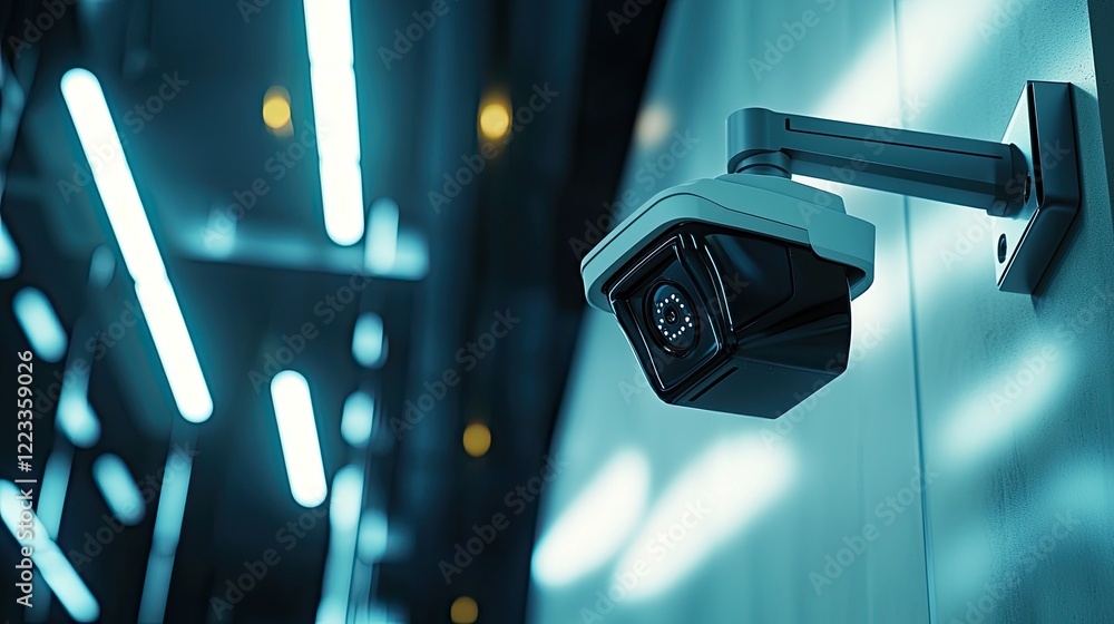 Poster a close-up view of a modern security camera mounted indoors, showcasing sleek design and advanced te