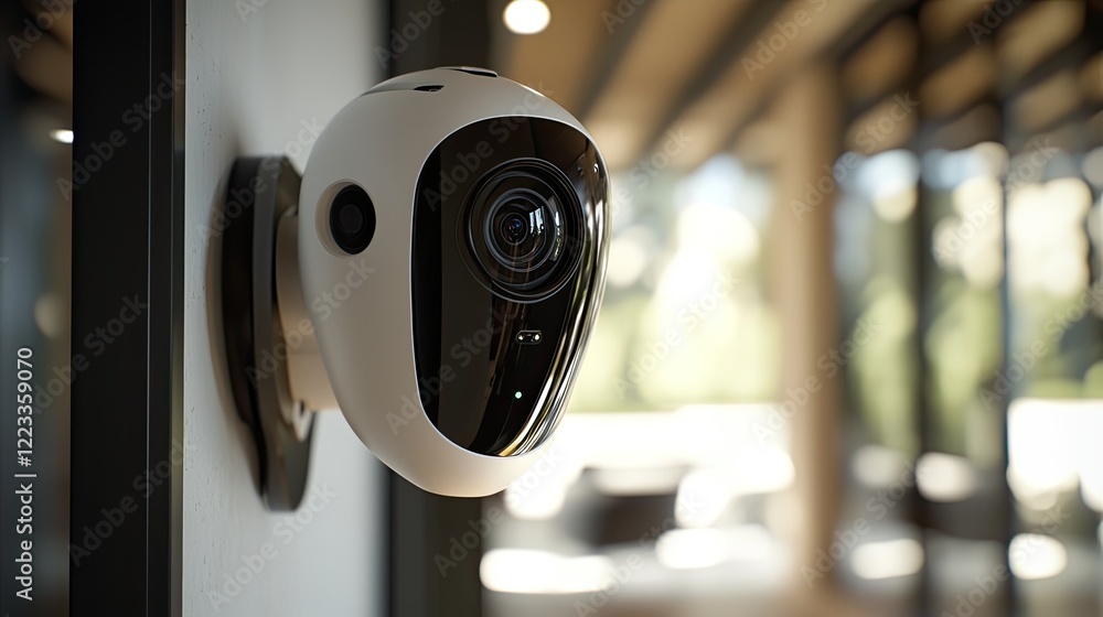 Poster a close-up view of a modern security camera mounted indoors, showcasing sleek design and advanced te