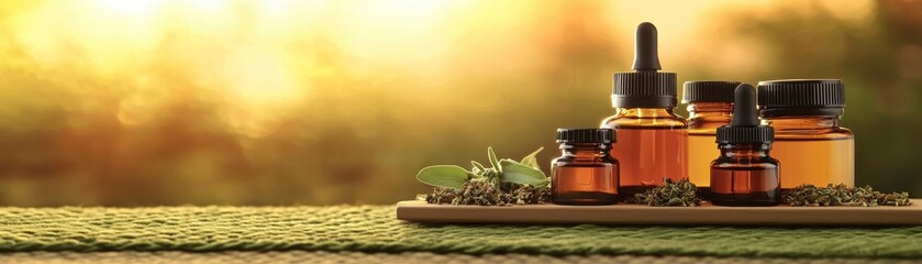 A serene display of amber bottles and droppers, suggesting natural remedies and essential oils, set against a warm, glowing background.
