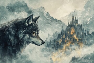 Lone Wolf Gazing Upon a Distant Mountain City