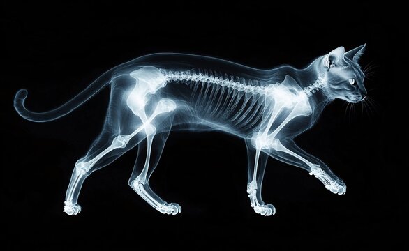 X-ray image of cat walking showcasing skeletal structure in side profile on black background