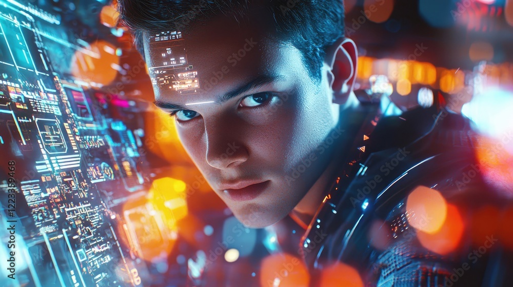Poster A young man explores a futuristic digital interface, highlighting innovative technology and data connections in a vibrant, interactive environment. Ideal for tech-related