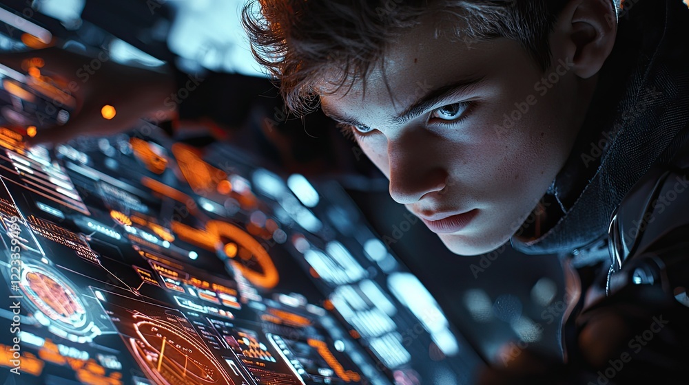 Aufkleber A focused young man interacts with a digital interface, analyzing data visualizations. This image represents modern research and innovative technology in professional env