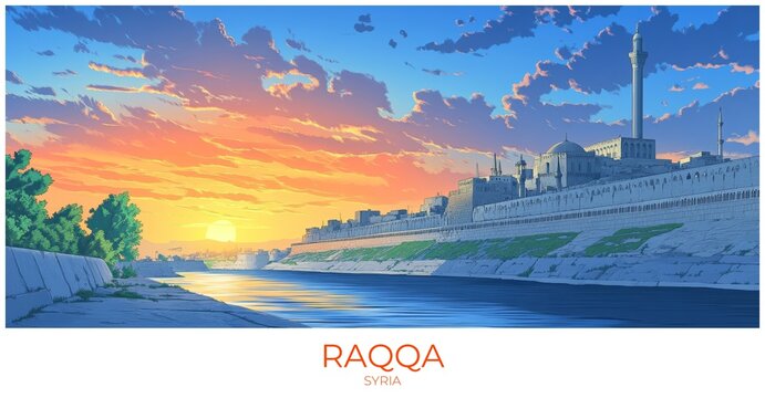Raqqa Syria Travel Poster Flat Illustration Print Decor Gift Canvas Wall Art