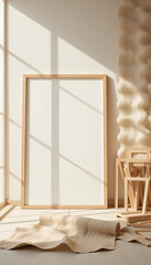 Mockup frame in a serene artistic workspace bathed in natural light