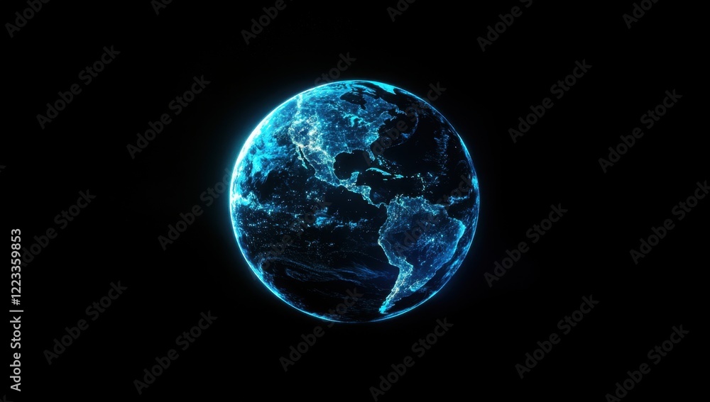 Poster abstract digital planet earth made of glowing blue data connections on a dark background, representi
