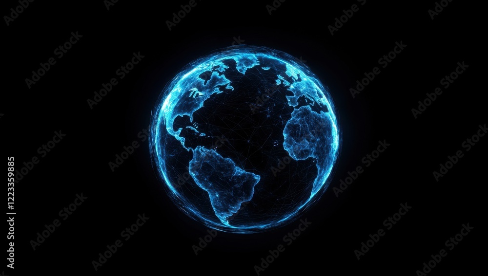 Poster digital planet earth made of blue, glowing data connections on a dark background, representing the t