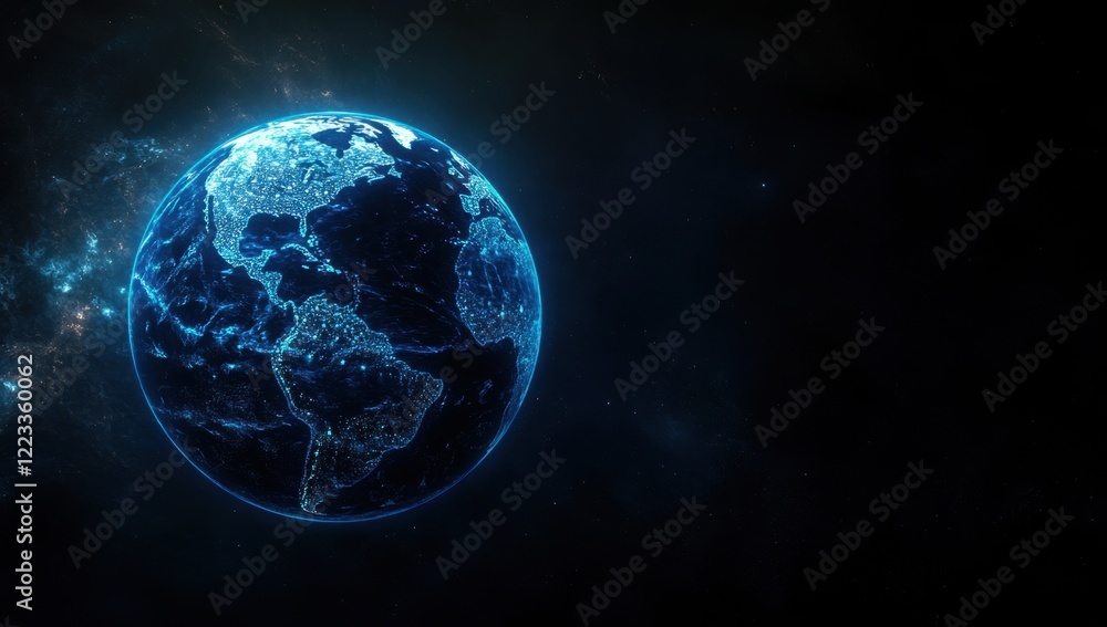 Poster abstract digital planet earth made of glowing blue geometric shapes and lines on dark background, gl