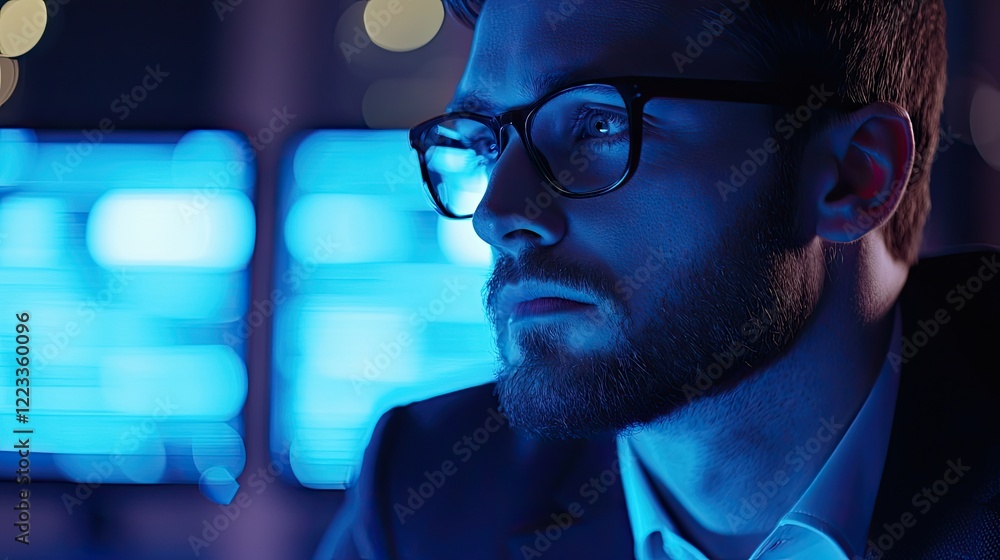 Poster a focused businessman analyzes complex data on multiple screens in a modern office. the blue lightin
