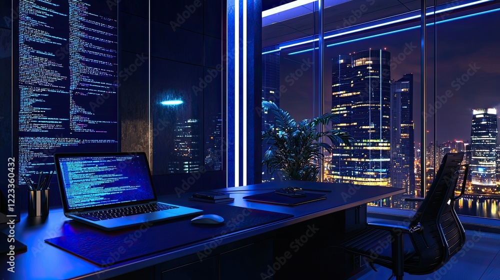 Aufkleber a sleek modern office space at night featuring futuristic blue lighting and a laptop displaying vibr