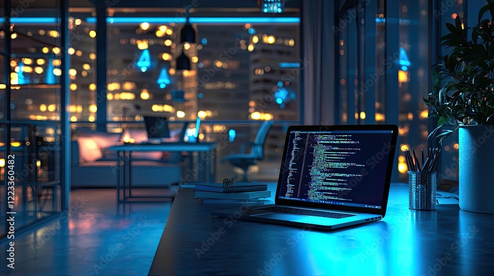 Aufkleber a sleek modern office space at night featuring futuristic blue lighting and a laptop displaying vibr
