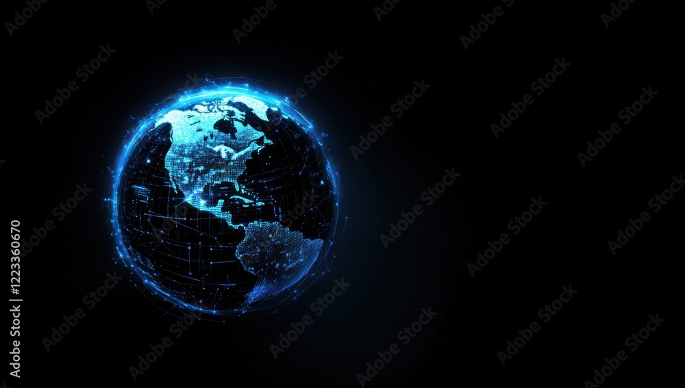Poster digital technology background with a blue, glowing planet earth made of digital connections, symboli