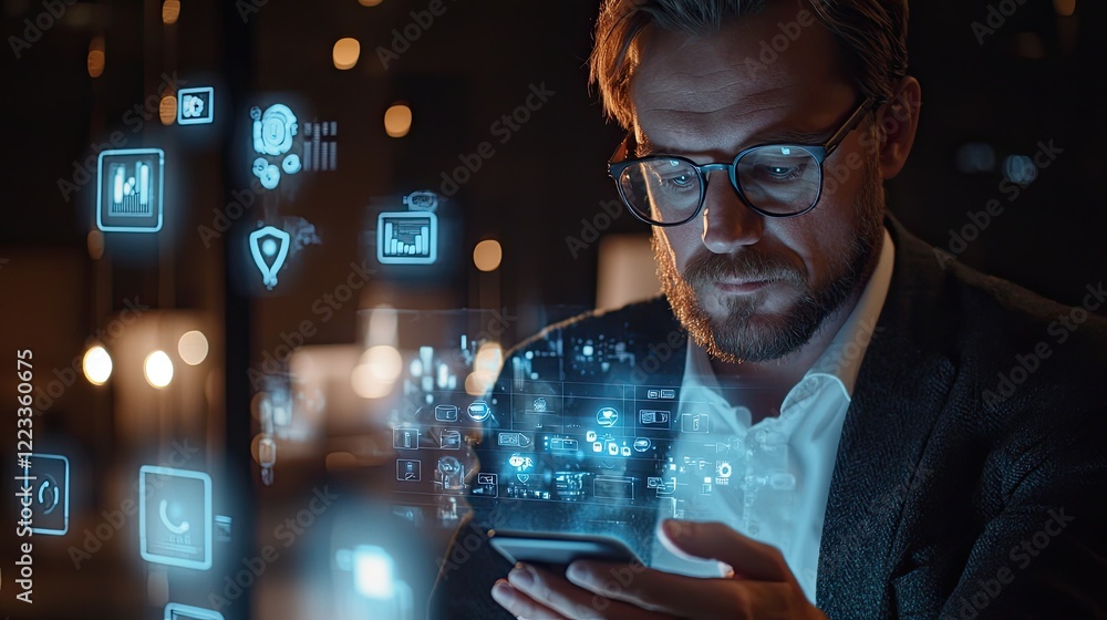 Poster A businessman engages with a smartphone displaying a futuristic holographic interface featuring various digital icons, symbolizing technology in a modern office.
