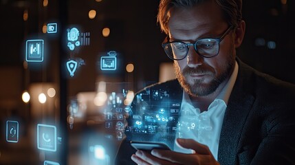 A businessman engages with a smartphone displaying a futuristic holographic interface featuring various digital icons, symbolizing technology in a modern office.