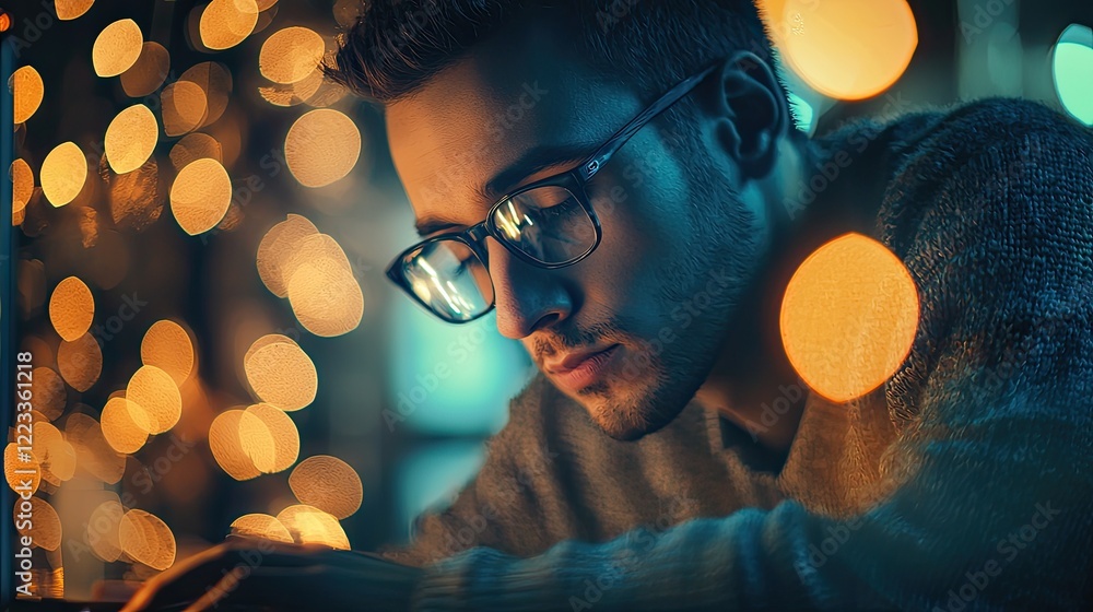 Fototapete A dedicated male programmer is deeply focused on coding at his computer during late-night hours in a contemporary office space, surrounded by warm bokeh lights and advanc